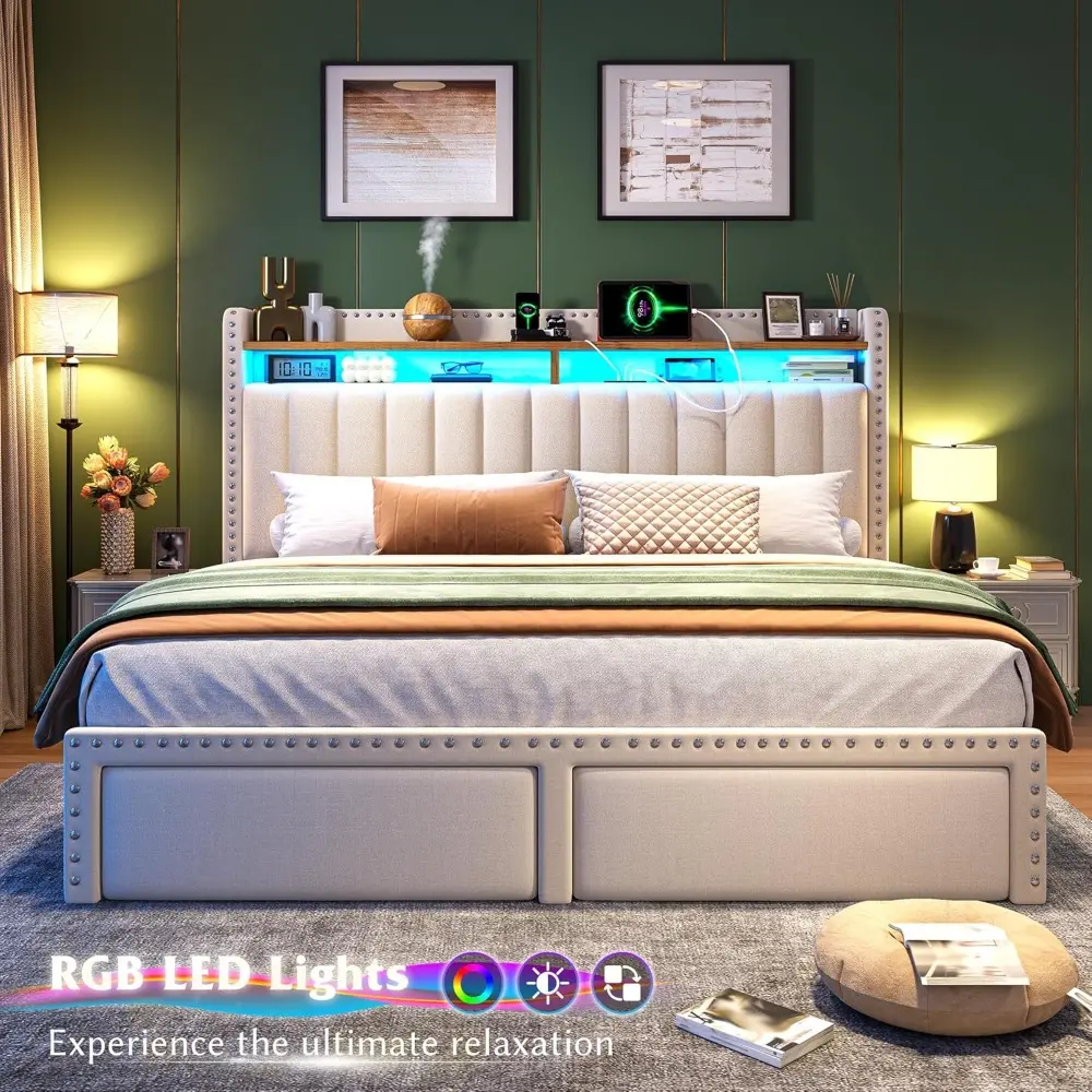 EnHomee Queen Bed Frame with 2 Storage Drawers, Upholstered Platform Bed with LED Lights and Charging Station, Sturdy Wooden Sla