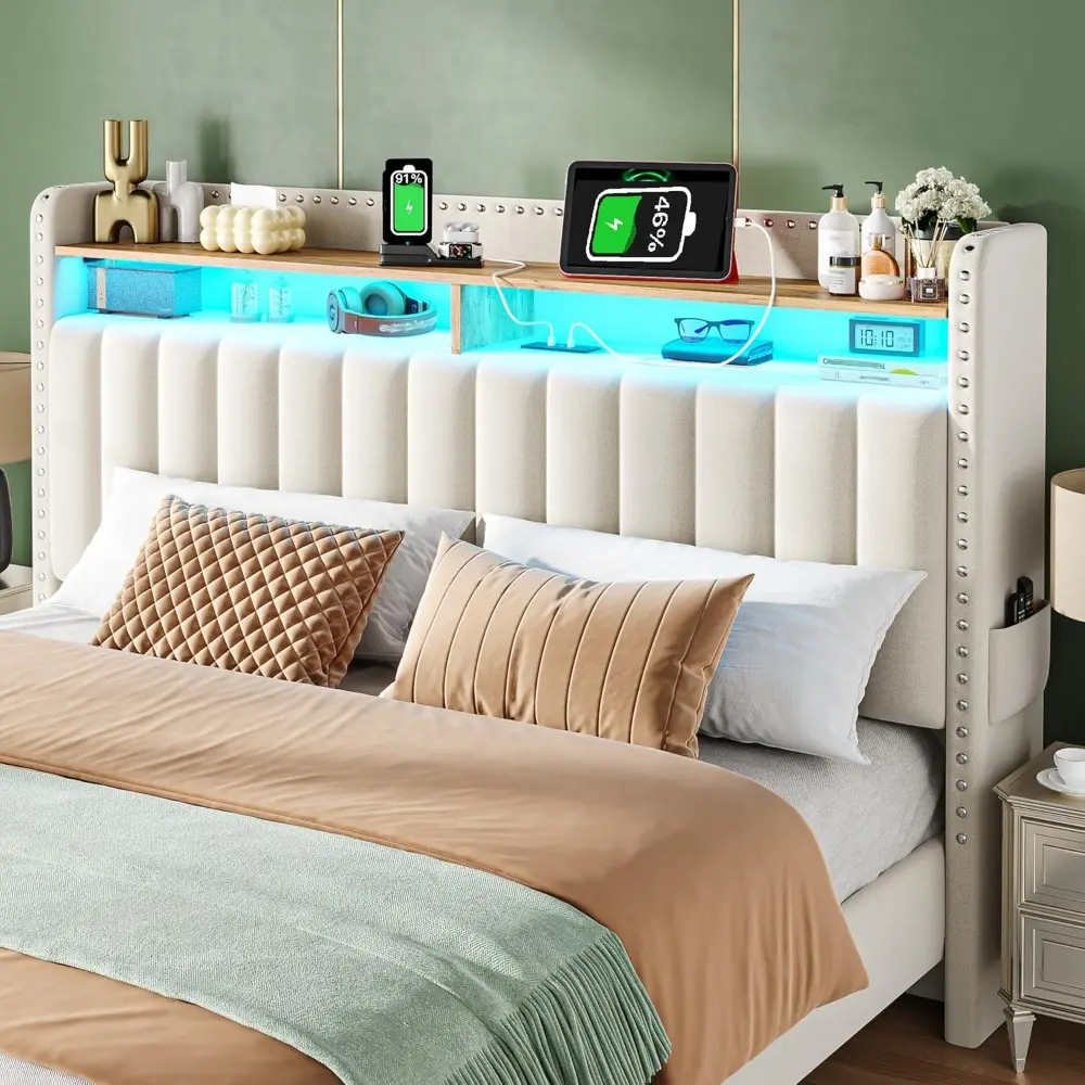 EnHomee Queen Bed Frame with 2 Storage Drawers, Upholstered Platform Bed with LED Lights and Charging Station, Sturdy Wooden Sla