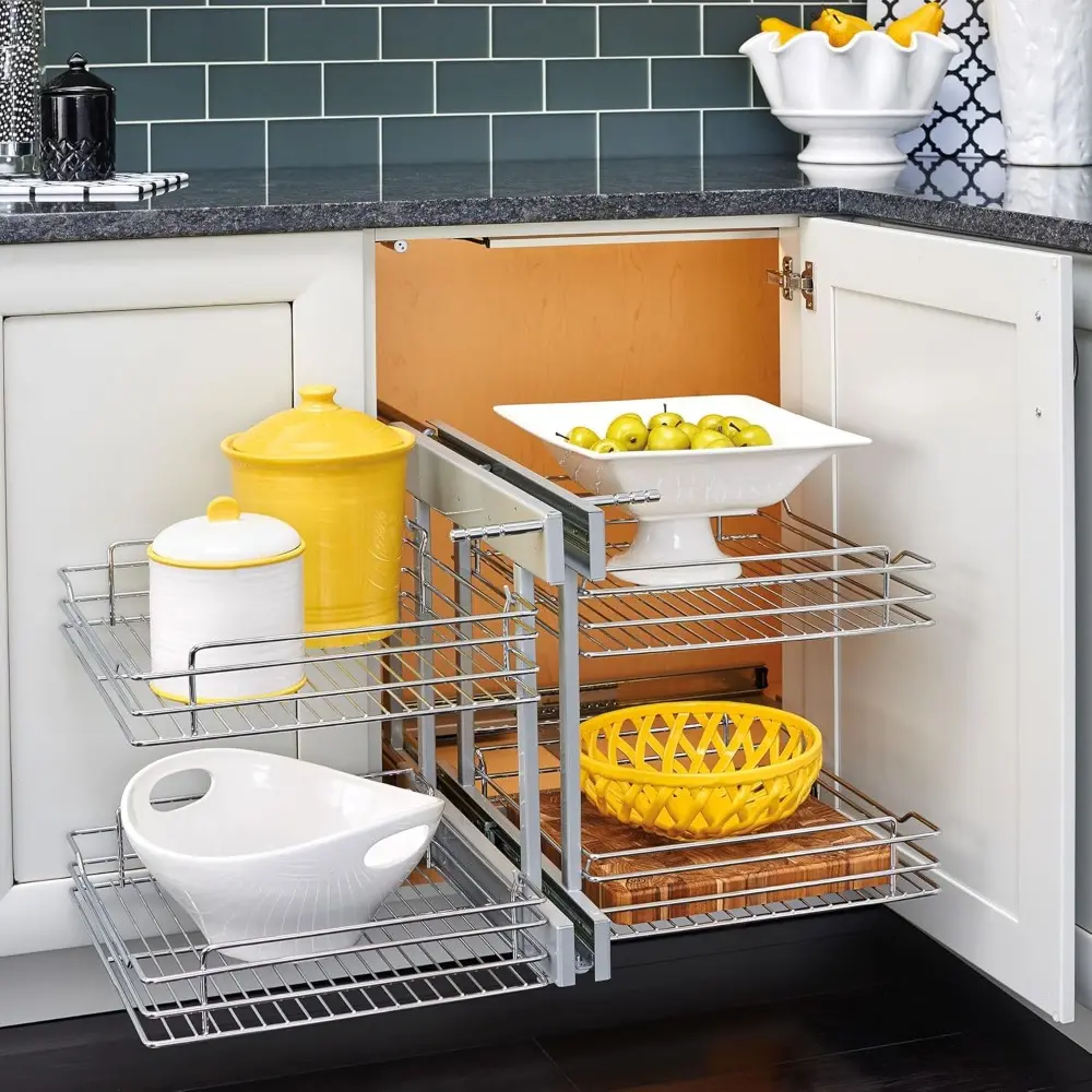 Rev-A-Shelf Dual Tier Pullout Shelf Storage Organizer for Blind Corner Kitchen or Bathroom Cabinets,18", 4 Shelves, Silver, 5PSP