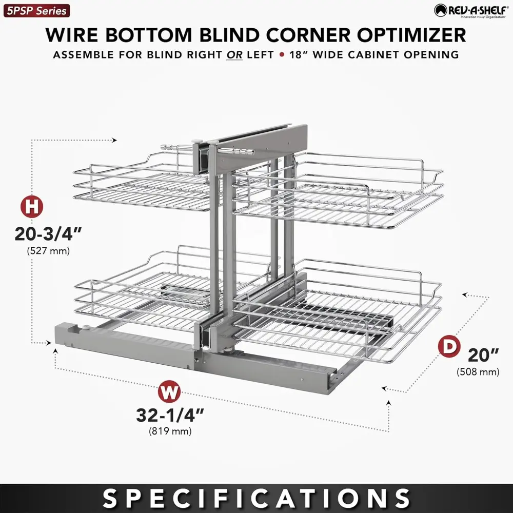 Rev-A-Shelf Dual Tier Pullout Shelf Storage Organizer for Blind Corner Kitchen or Bathroom Cabinets,18", 4 Shelves, Silver, 5PSP