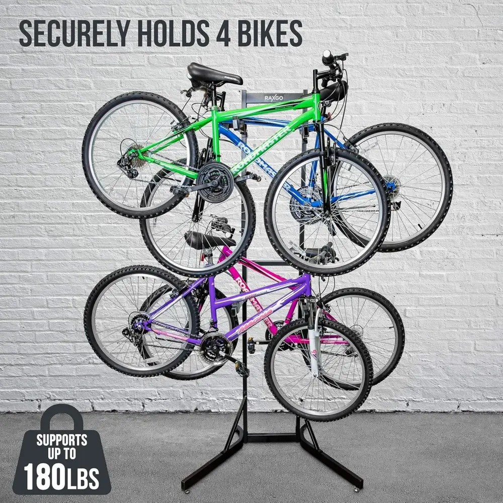 Bike Garage Storage Rack, 4 Bicycle Garage Floor Stand, Adjustable, Freestanding, Adjustable Hooks, For Mountain & Road bicycles