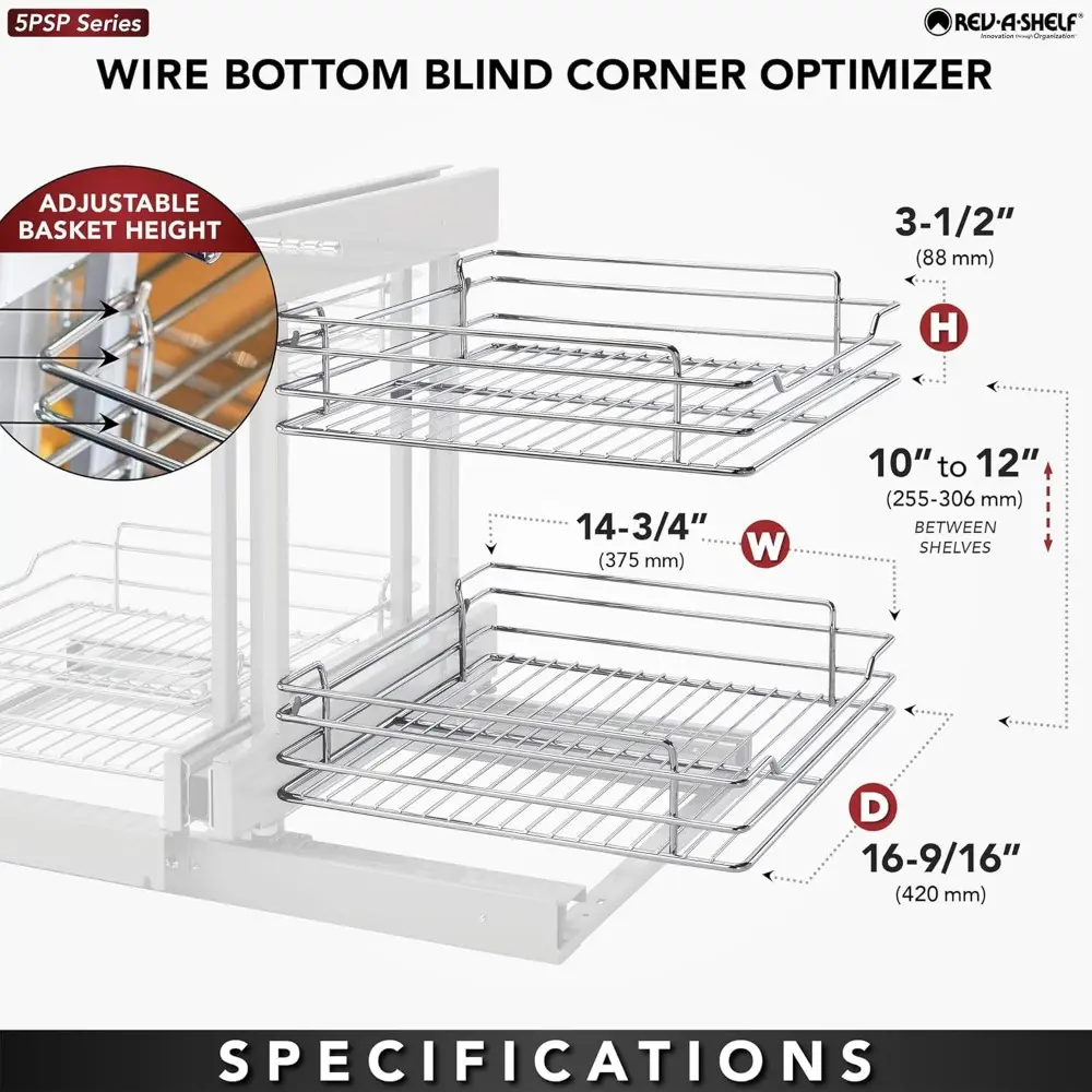 Rev-A-Shelf Dual Tier Pullout Shelf Storage Organizer for Blind Corner Kitchen or Bathroom Cabinets,18", 4 Shelves, Silver, 5PSP
