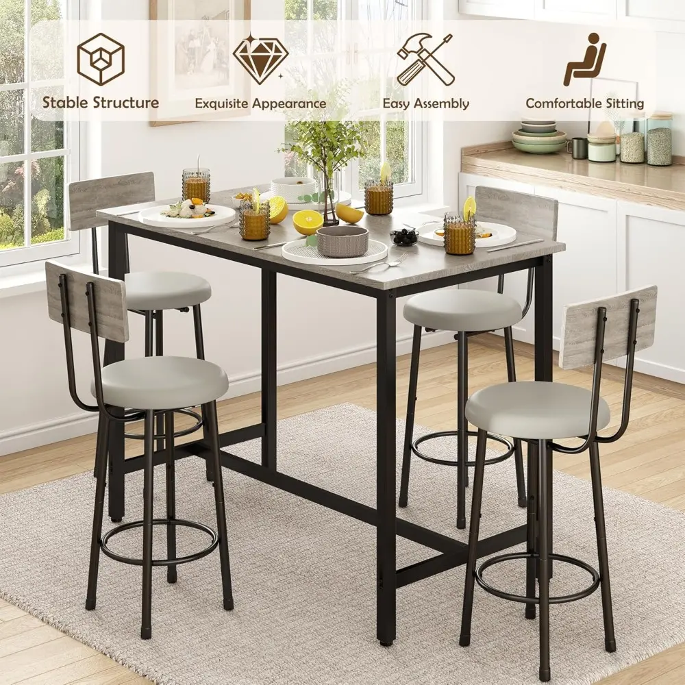 47.2-Inch Bar Table and Chairs Set, Modern Industrial 5-Piece Counter Height Dining Table Set, Bar Table with 4 stools Bar