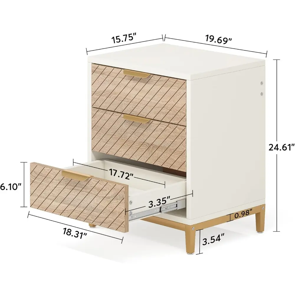 Night Stands Set of 2, Nightstand with 3 Drawers White and Gold Light Wood Grain Nightstands Bedside End Tables Storage for Bed