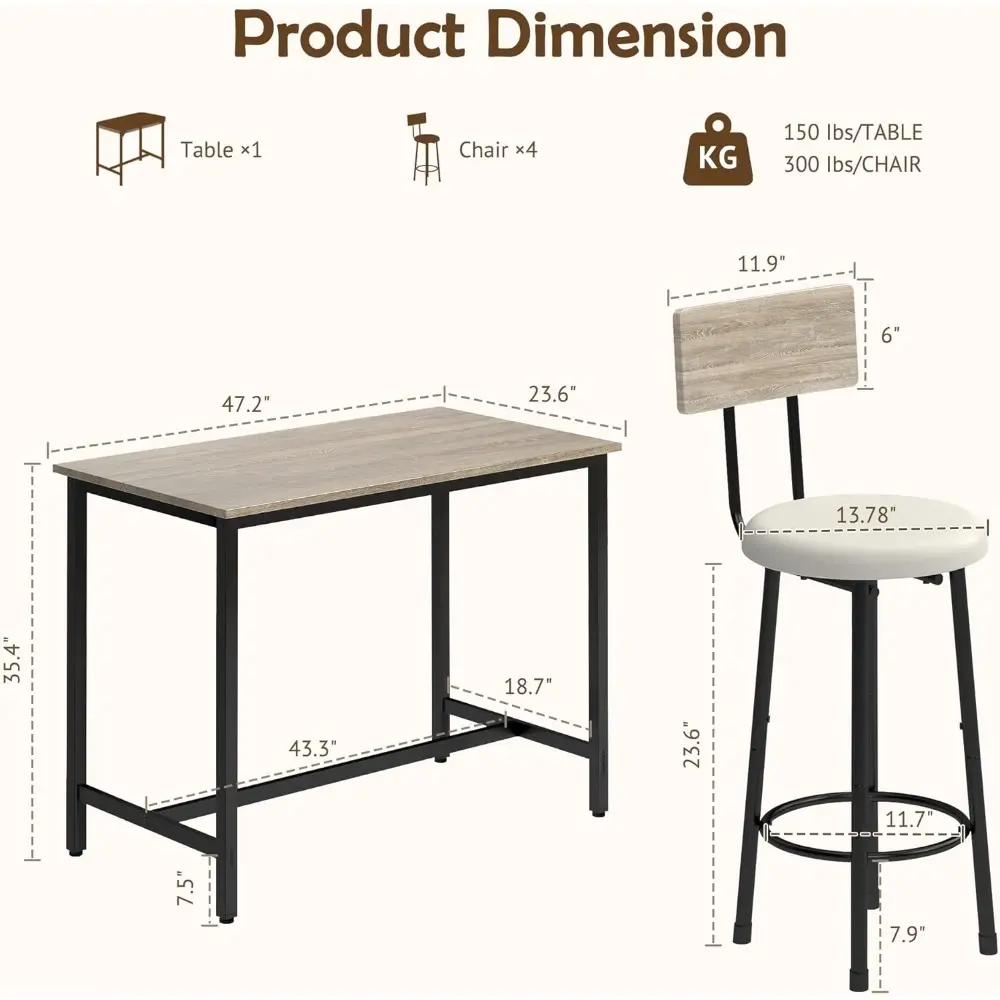 47.2-Inch Bar Table and Chairs Set, Modern Industrial 5-Piece Counter Height Dining Table Set, Bar Table with 4 stools Bar