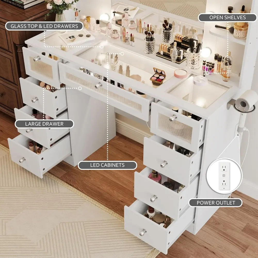 Vanity Desk with Mirror and Lights, Glass Top Vanity with 9 Drawers Including 3 LED Drawers, 4 Shelves & Power Outlet, Makeup De