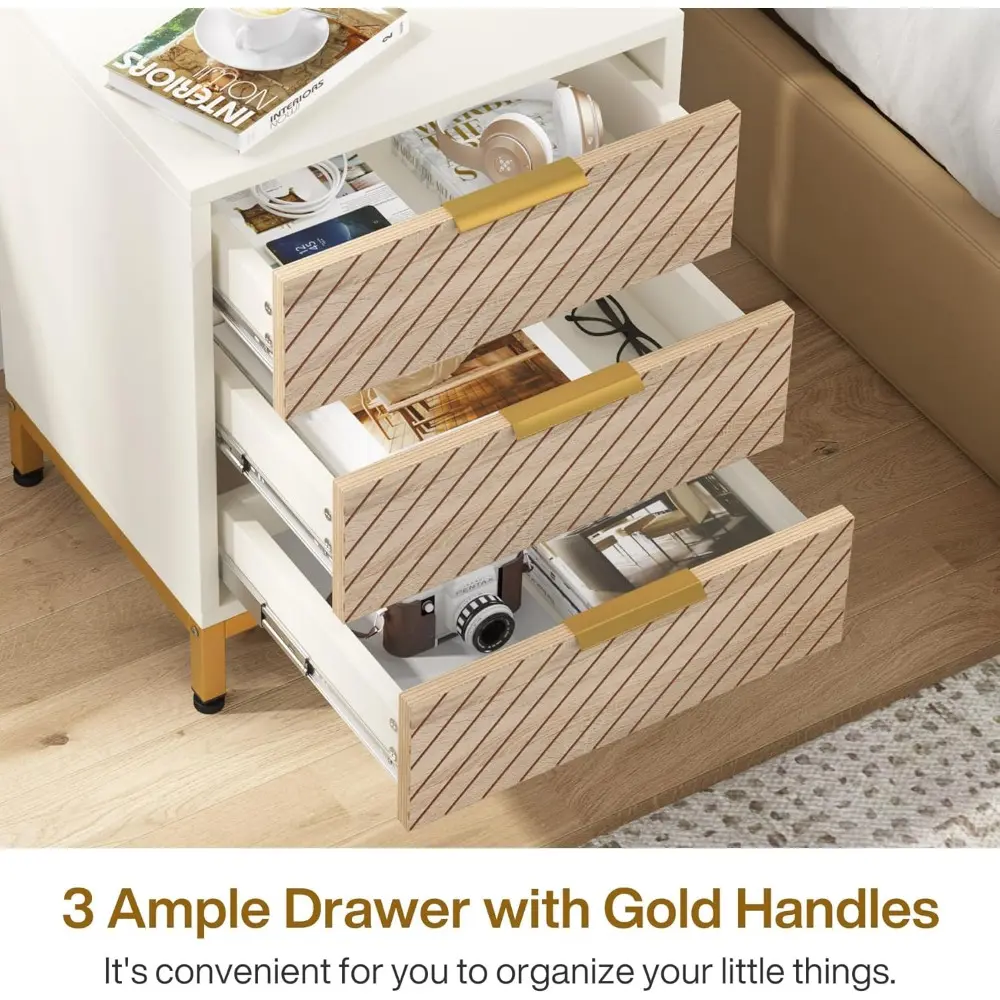 Night Stands Set of 2, Nightstand with 3 Drawers White and Gold Light Wood Grain Nightstands Bedside End Tables Storage for Bed