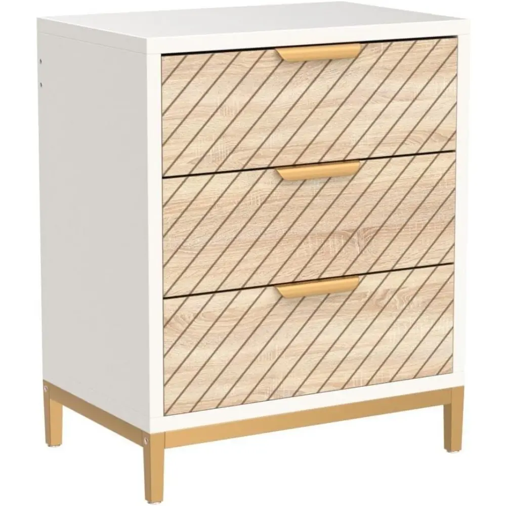 Night Stands Set of 2, Nightstand with 3 Drawers White and Gold Light Wood Grain Nightstands Bedside End Tables Storage for Bed