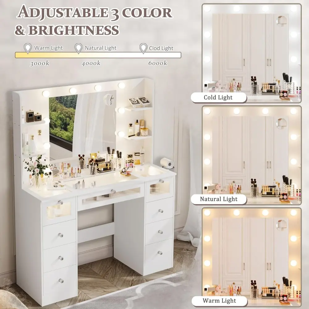 Vanity Desk with Mirror and Lights, Glass Top Vanity with 9 Drawers Including 3 LED Drawers, 4 Shelves & Power Outlet, Makeup De