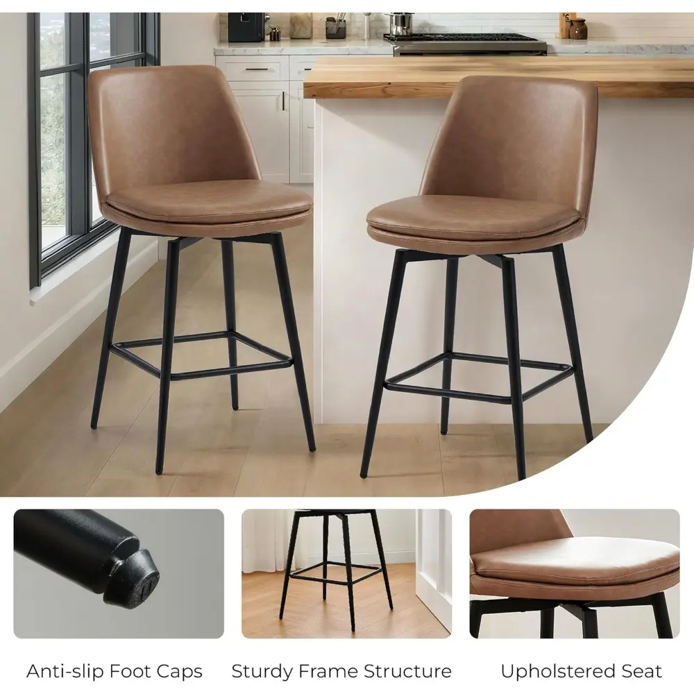 Counter Height Swivel Barstools, FSC Certified Upholstered Faux Leather Bar Stools Set of 2, Metal Base, 27.2" Seat Height, Sad