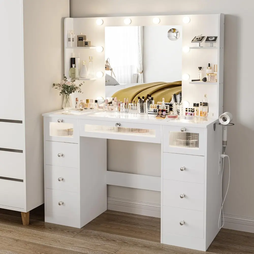 Vanity Desk with Mirror and Lights, Glass Top Vanity with 9 Drawers Including 3 LED Drawers, 4 Shelves & Power Outlet, Makeup De
