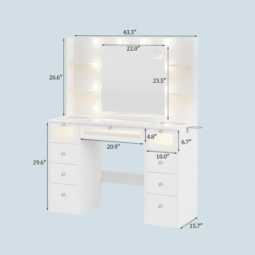 Vanity Desk with Mirror and Lights, Glass Top Vanity with 9 Drawers Including 3 LED Drawers, 4 Shelves & Power Outlet, Makeup De