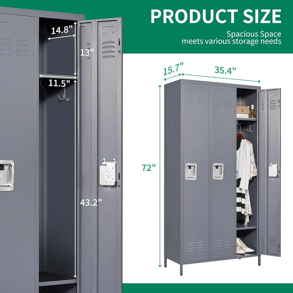 Metal Locker 3 Doors Storage Lockers for Employee,72" Tall Locker with Shelves and Hooks Steel Sports Locker for Office School O