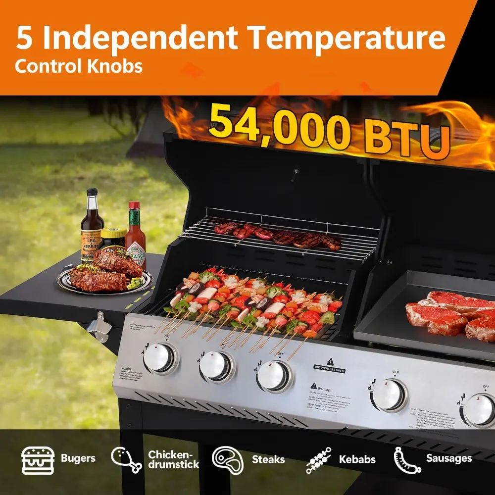 5-Burner Propane Gas Grill and Griddle Combo, Dual Zone Outdoor BBQ with 54,000 BTU 627 SQ.IN. Stainless Steel & Porcelain Cast