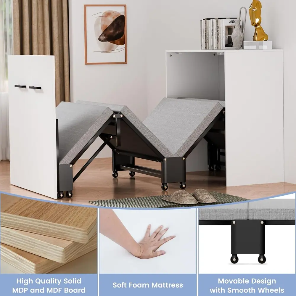 Murphy Bed - 2 in 1 Cabinet Bed, Folding Trundle Beds w/Mattresses for Adult, Roll Away Pull Out Murphy Chest Daybed, Guest Bed