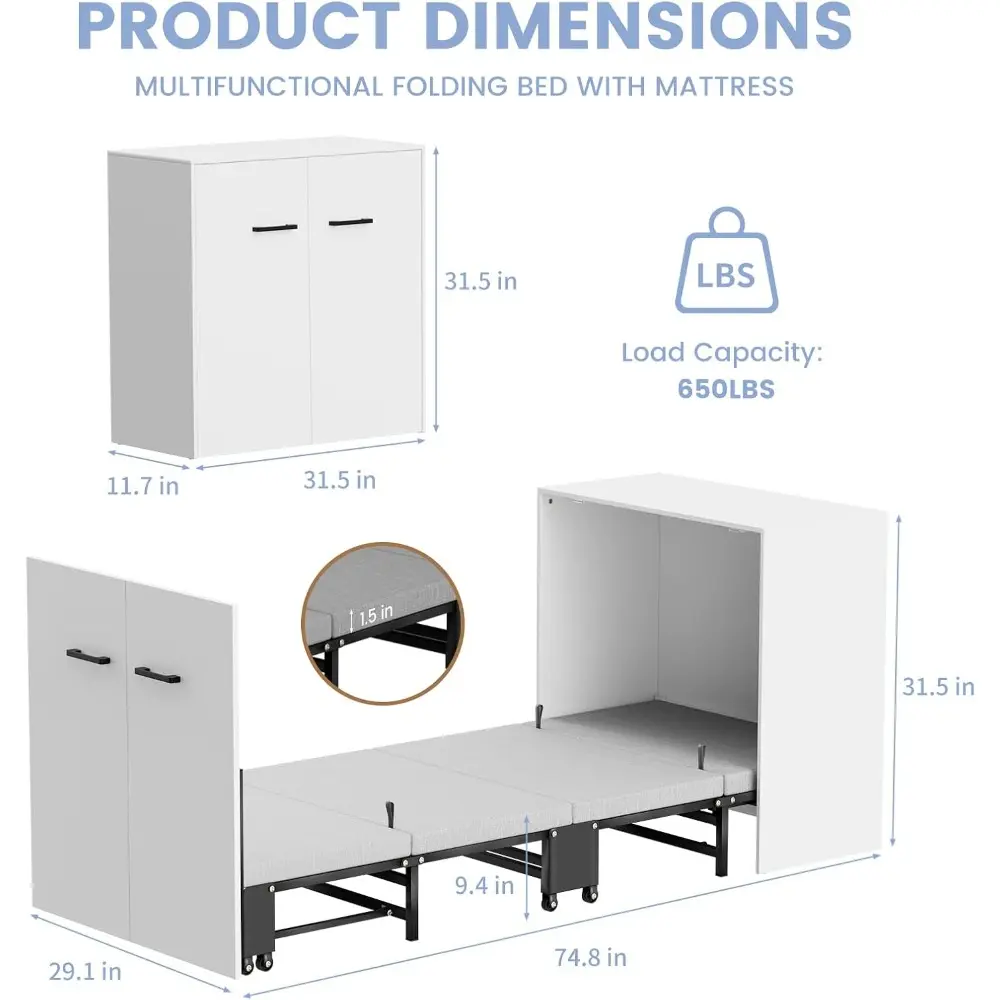 Murphy Bed - 2 in 1 Cabinet Bed, Folding Trundle Beds w/Mattresses for Adult, Roll Away Pull Out Murphy Chest Daybed, Guest Bed