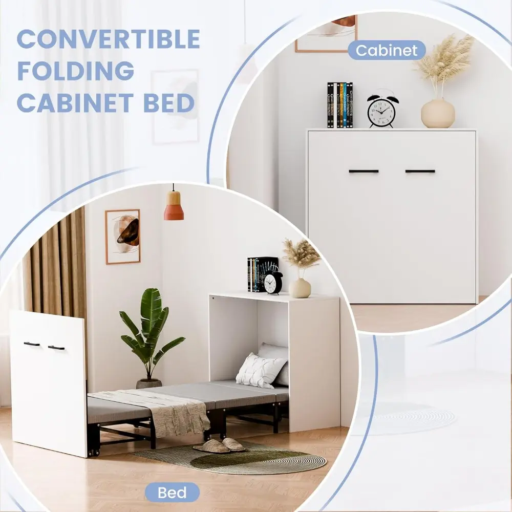 Murphy Bed - 2 in 1 Cabinet Bed, Folding Trundle Beds w/Mattresses for Adult, Roll Away Pull Out Murphy Chest Daybed, Guest Bed