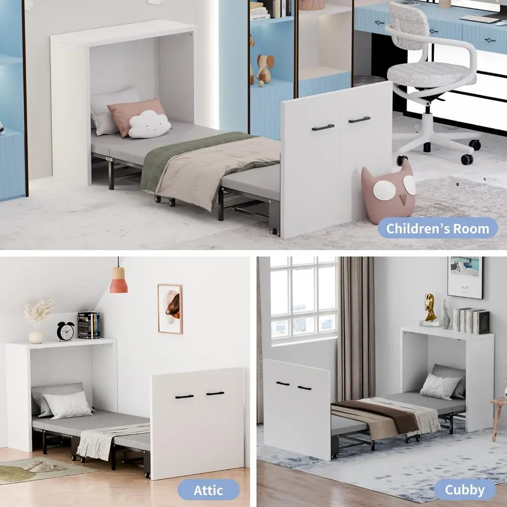 Murphy Bed - 2 in 1 Cabinet Bed, Folding Trundle Beds w/Mattresses for Adult, Roll Away Pull Out Murphy Chest Daybed, Guest Bed
