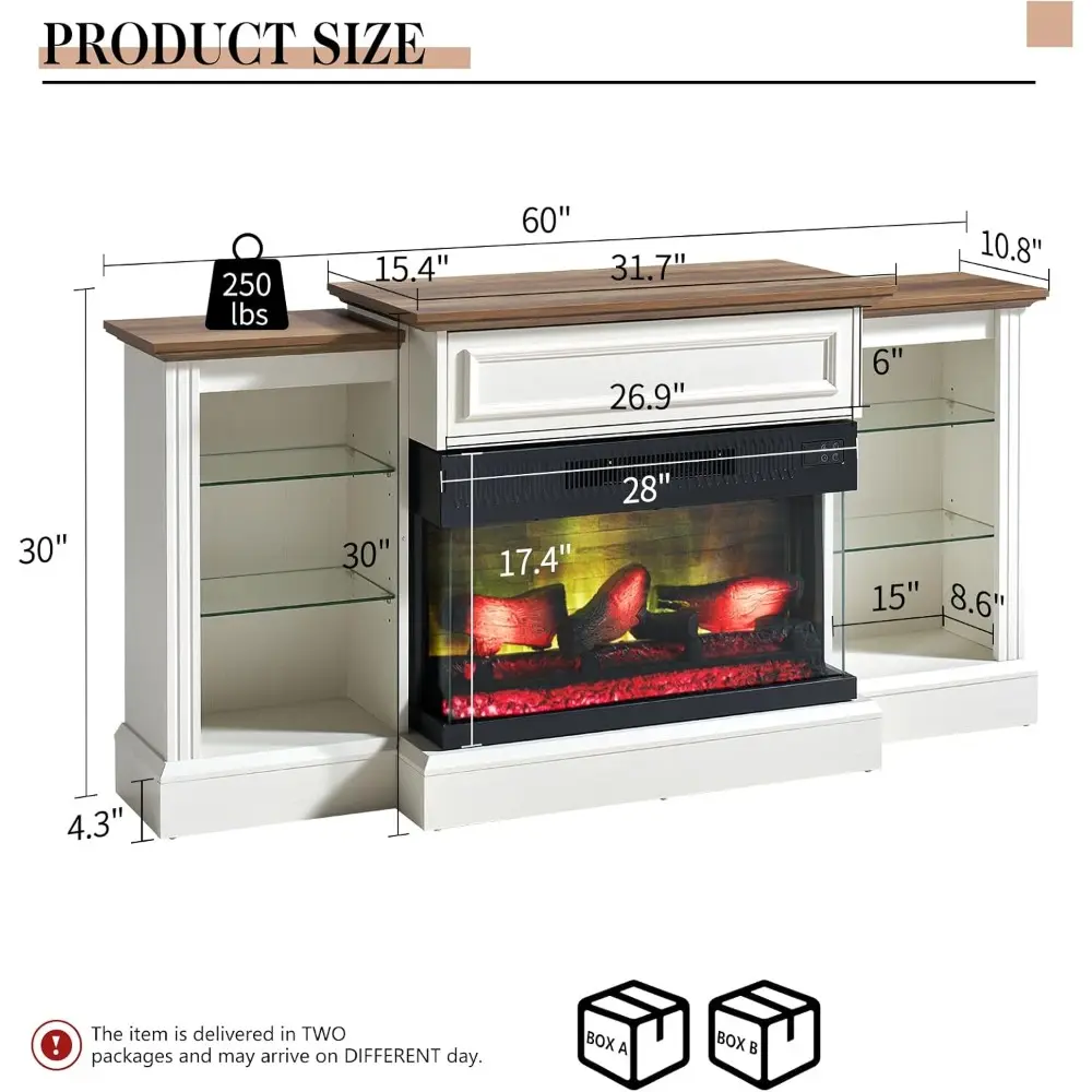 60" Fireplace TV Stand with 28" 3-Sided Glass Electric Fireplace, Farmhouse Media Entertainment Center with LED Light & Hiden Fl
