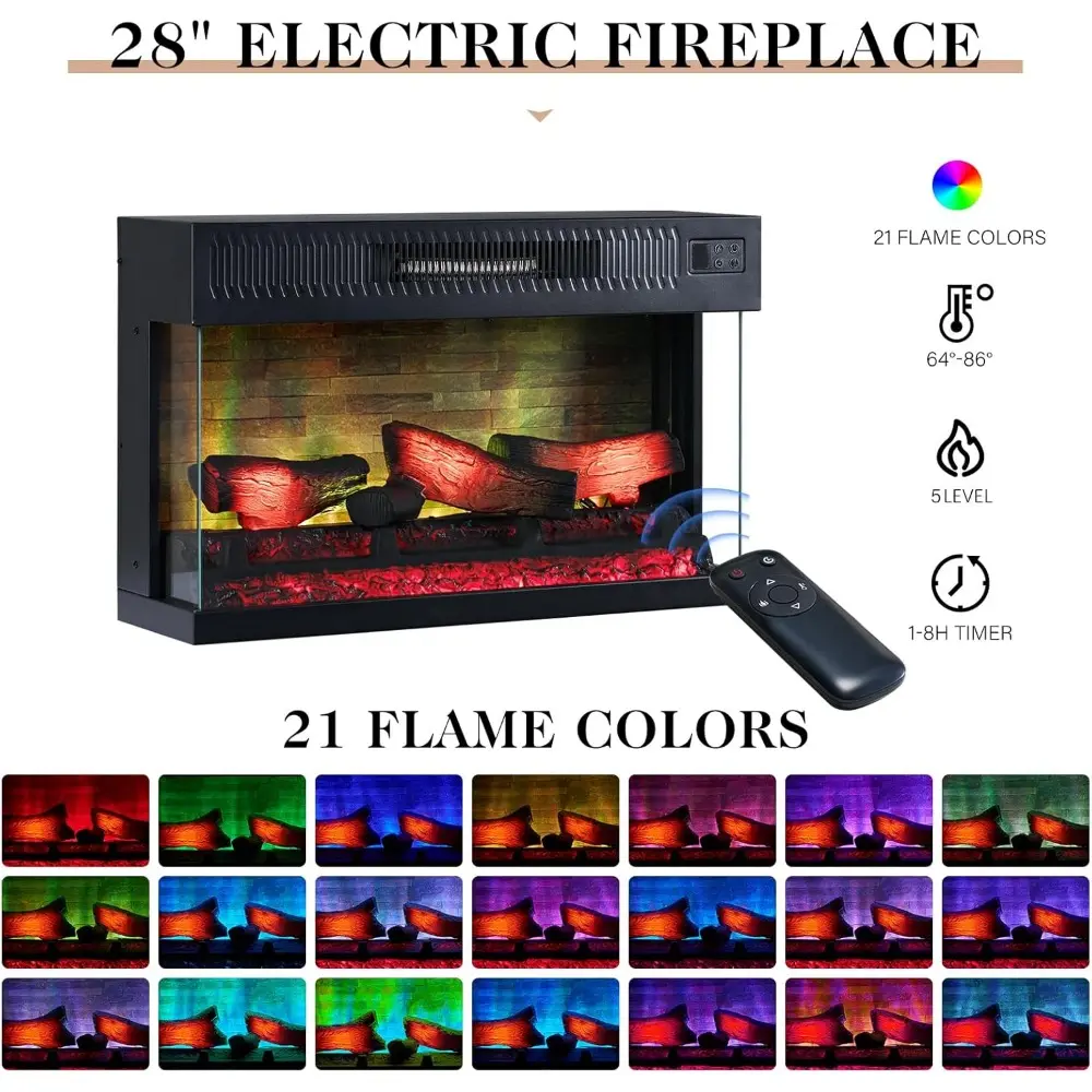 60" Fireplace TV Stand with 28" 3-Sided Glass Electric Fireplace, Farmhouse Media Entertainment Center with LED Light & Hiden Fl