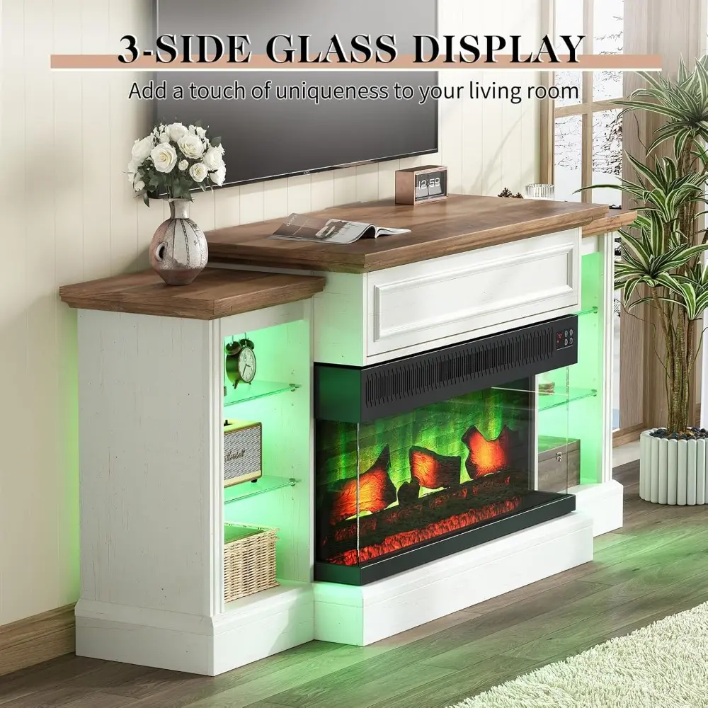 60" Fireplace TV Stand with 28" 3-Sided Glass Electric Fireplace, Farmhouse Media Entertainment Center with LED Light & Hiden Fl