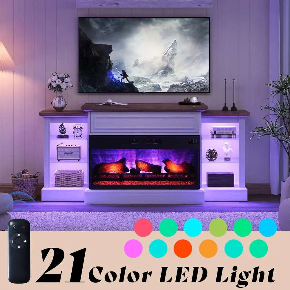60" Fireplace TV Stand with 28" 3-Sided Glass Electric Fireplace, Farmhouse Media Entertainment Center with LED Light & Hiden Fl