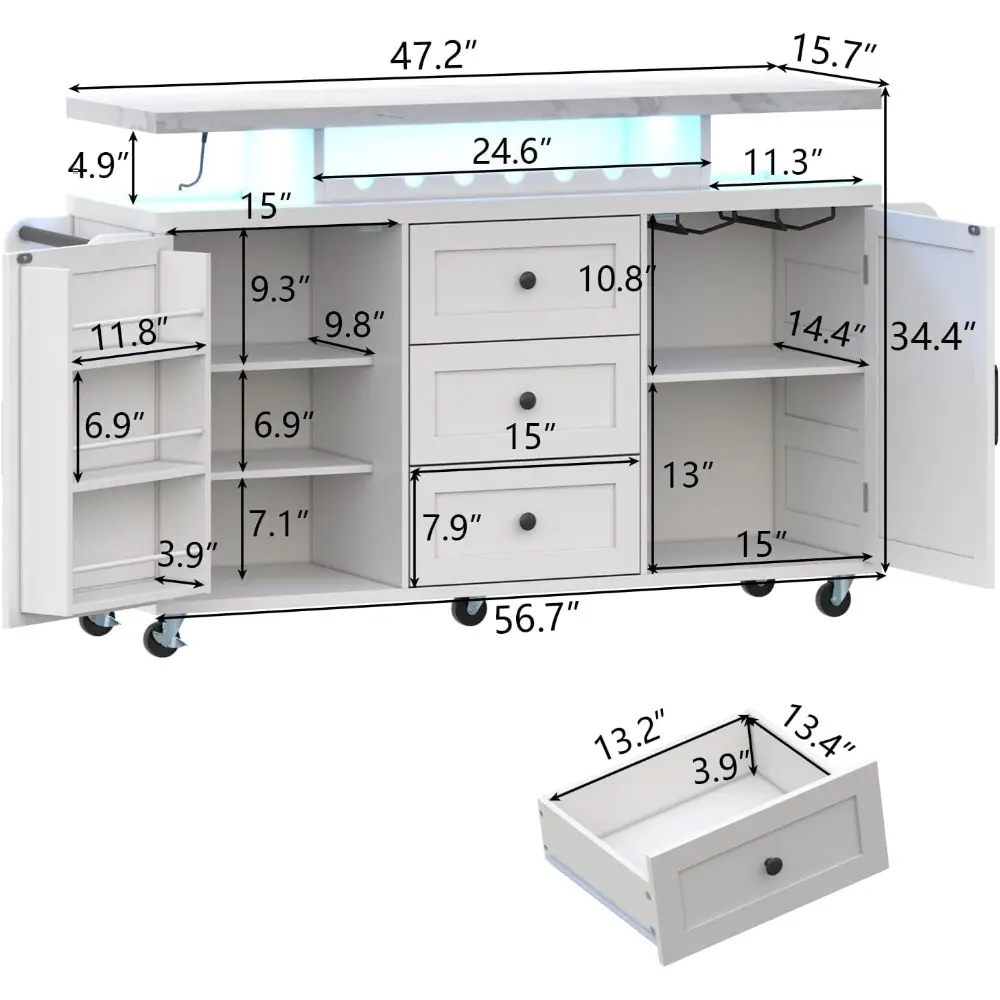 Kitchen Island with Storage, 55" Kitchen Island on Wheels with LED Lights & 3 Drawers,Rolling Kitchen Cart with Spice Rack & Tow