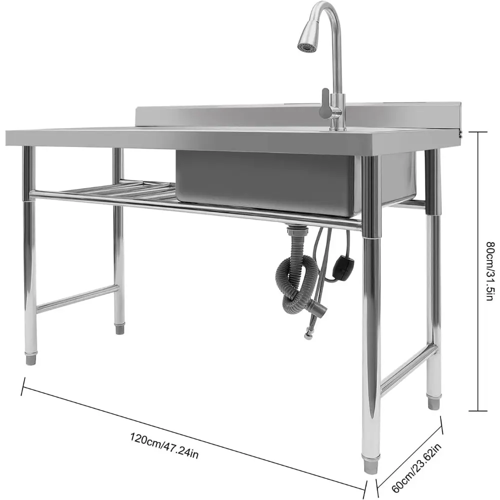 Stainless Steel Commercial Kitchen Sink, 1 Compartment Kitchen Sinks w/Faucet & Drainboard Free Standing Single Bowl Kitchen Sin