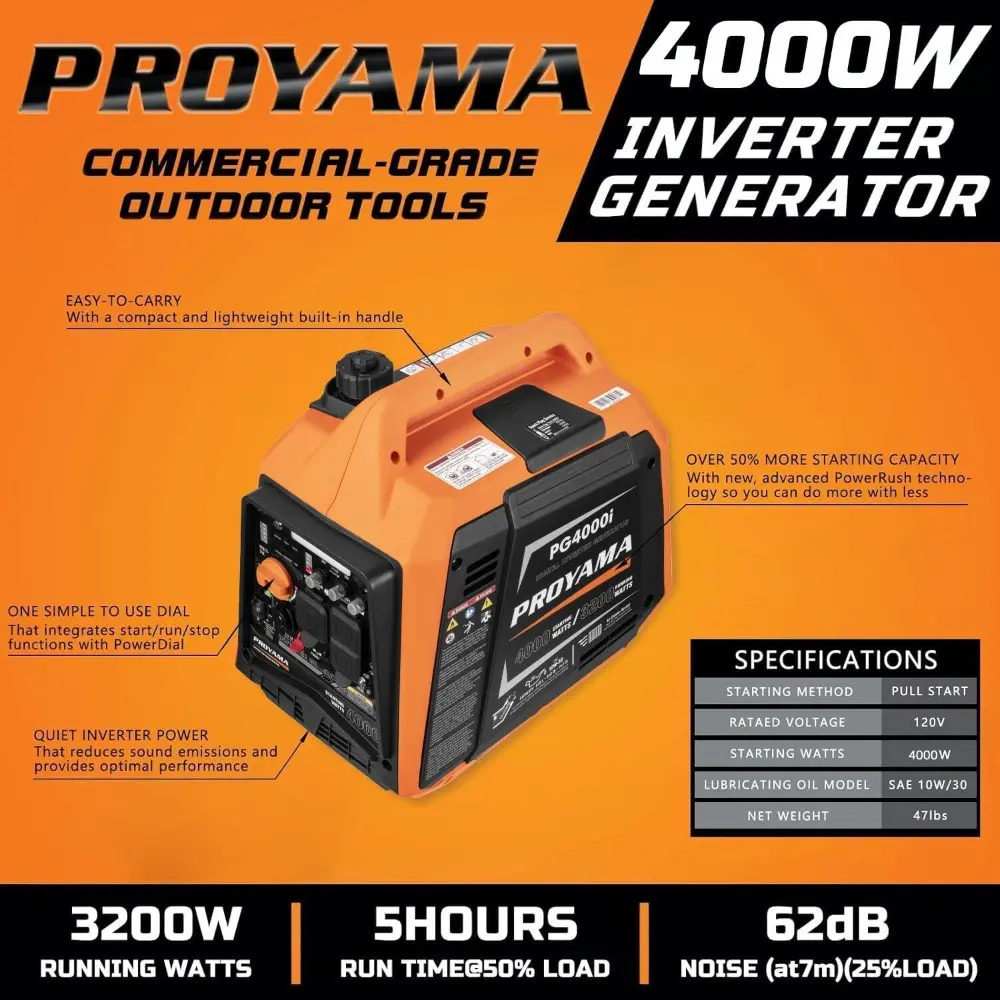 4000W Portable Gas Inverter Generator, CO Sensor, Digital Interface, RV - Ready, LED Light, ECO - Mode, Parallel Capable, Low O