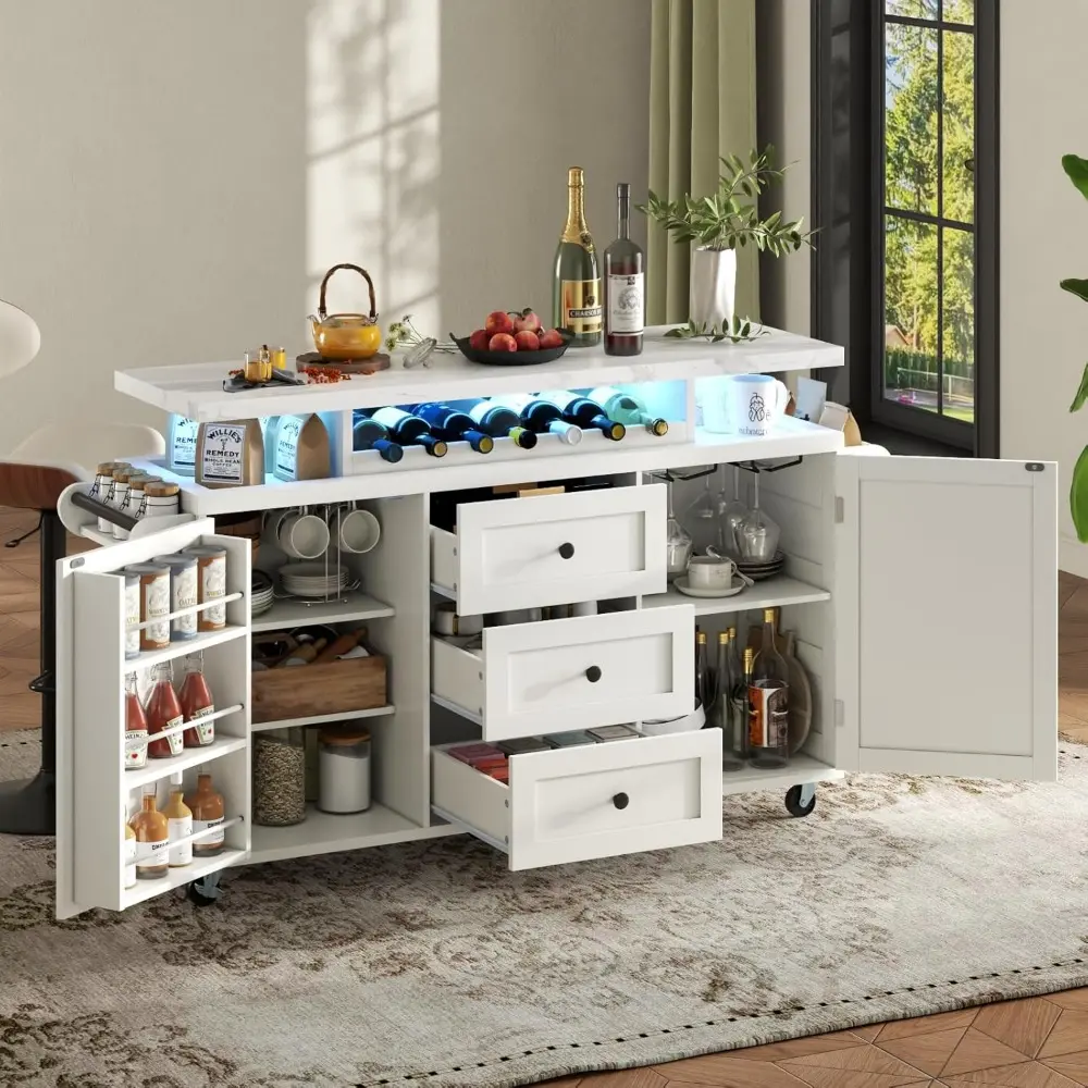 Kitchen Island with Storage, 55" Kitchen Island on Wheels with LED Lights & 3 Drawers,Rolling Kitchen Cart with Spice Rack & Tow