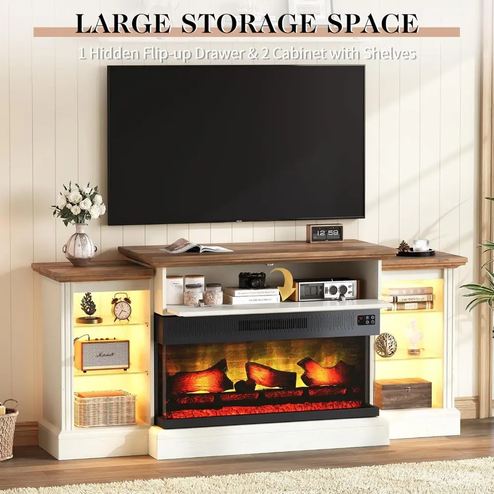 60" Fireplace TV Stand with 28" 3-Sided Glass Electric Fireplace, Farmhouse Media Entertainment Center with LED Light & Hiden Fl