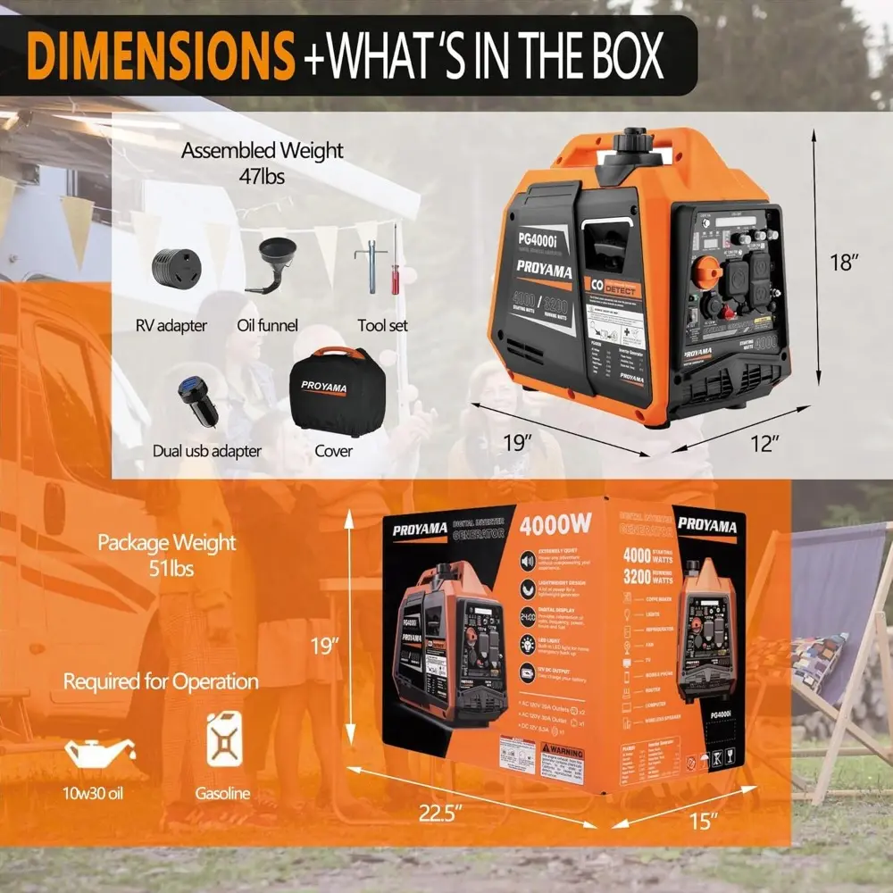 4000W Portable Gas Inverter Generator, CO Sensor, Digital Interface, RV - Ready, LED Light, ECO - Mode, Parallel Capable, Low O