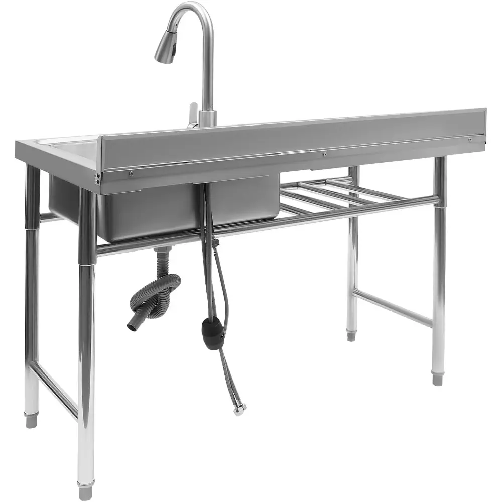 Stainless Steel Commercial Kitchen Sink, 1 Compartment Kitchen Sinks w/Faucet & Drainboard Free Standing Single Bowl Kitchen Sin