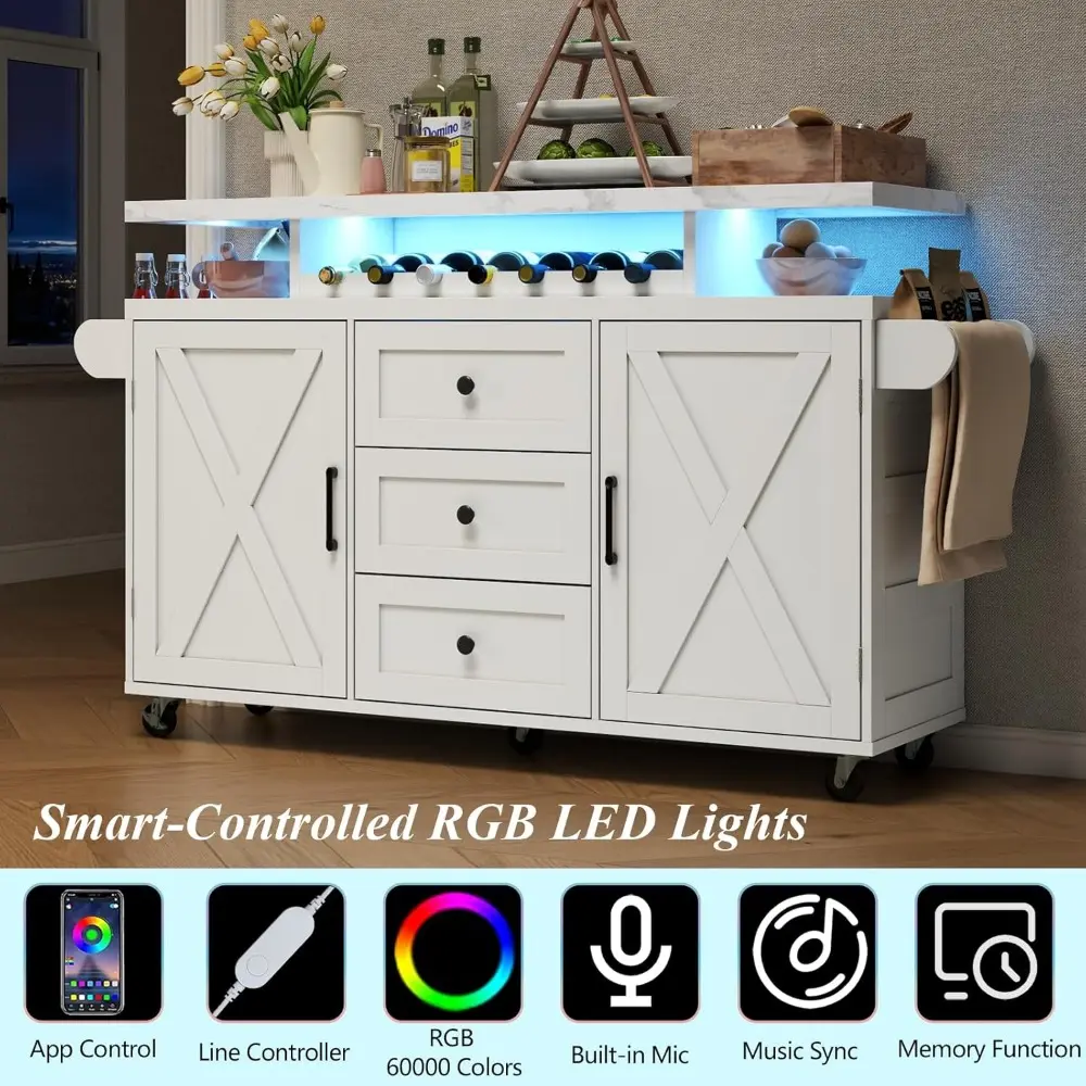 Kitchen Island with Storage, 55" Kitchen Island on Wheels with LED Lights & 3 Drawers,Rolling Kitchen Cart with Spice Rack & Tow