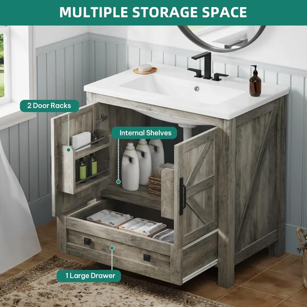 30" Farmhouse Bathroom Vanity with Sink Combo, Small Space Bathroom Storage Cabinet with Large Drawer, 2 Soft-Closing Wood Barn