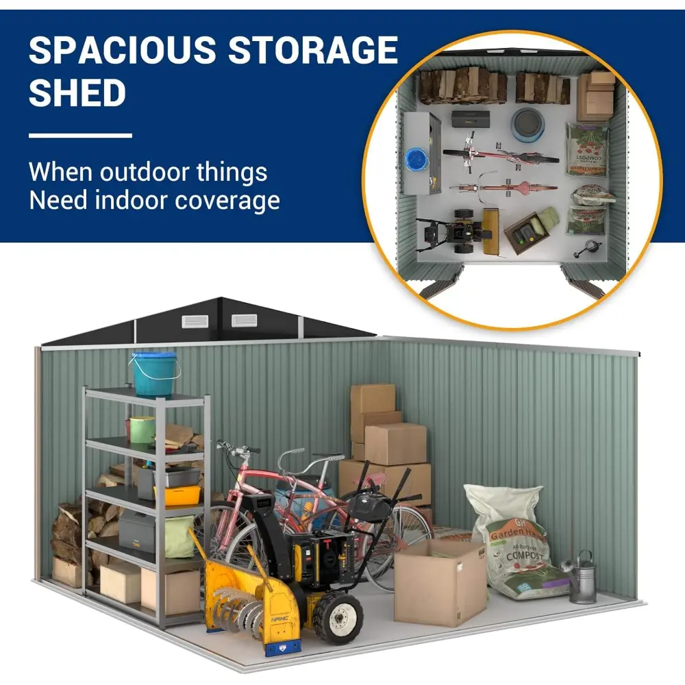 Outdoor Storage Shed 10x10 FT, Outside Sheds & Outdoor Storage Metal Galvanized Steel for Backyard, Patio, Lawn, Tool Shed with