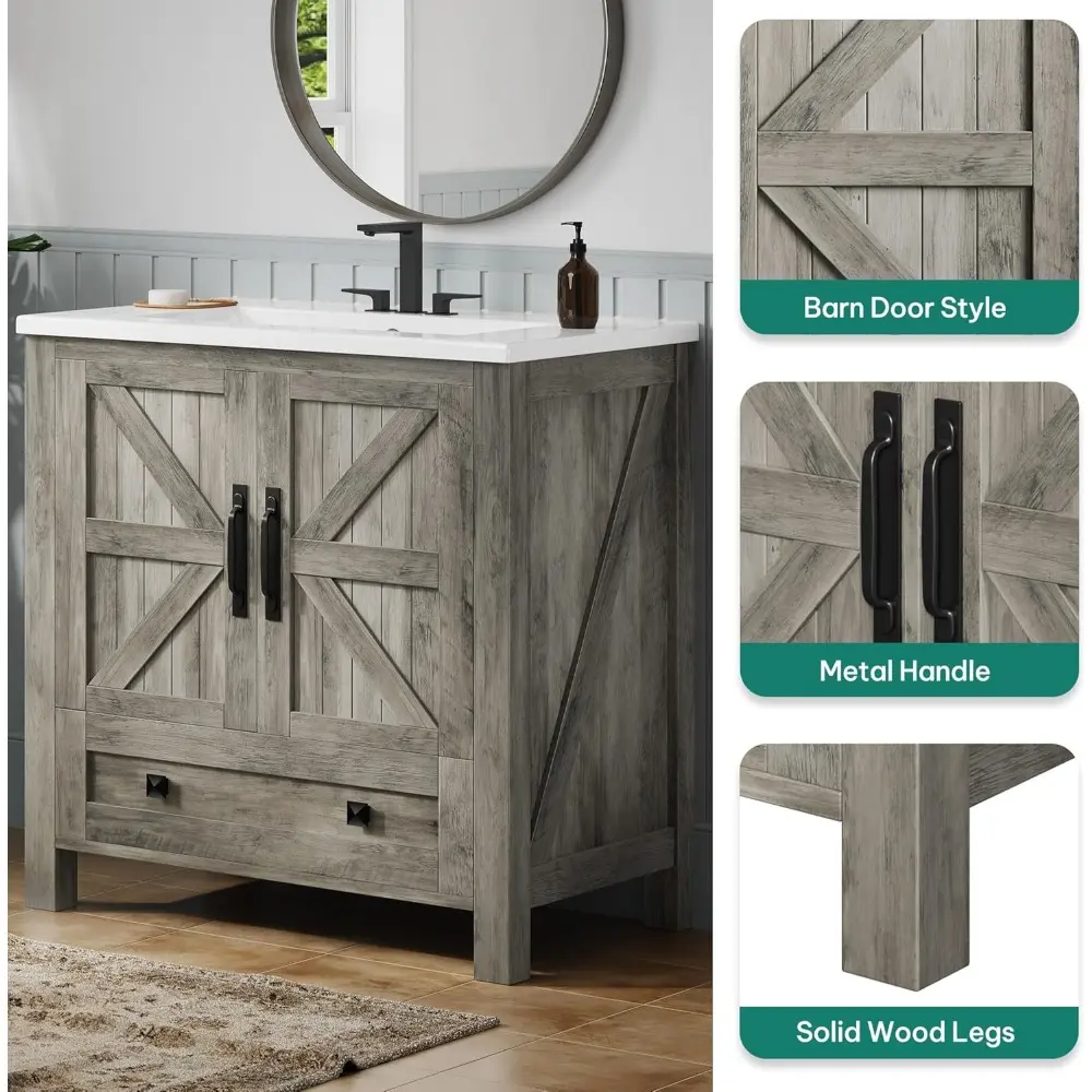 30" Farmhouse Bathroom Vanity with Sink Combo, Small Space Bathroom Storage Cabinet with Large Drawer, 2 Soft-Closing Wood Barn