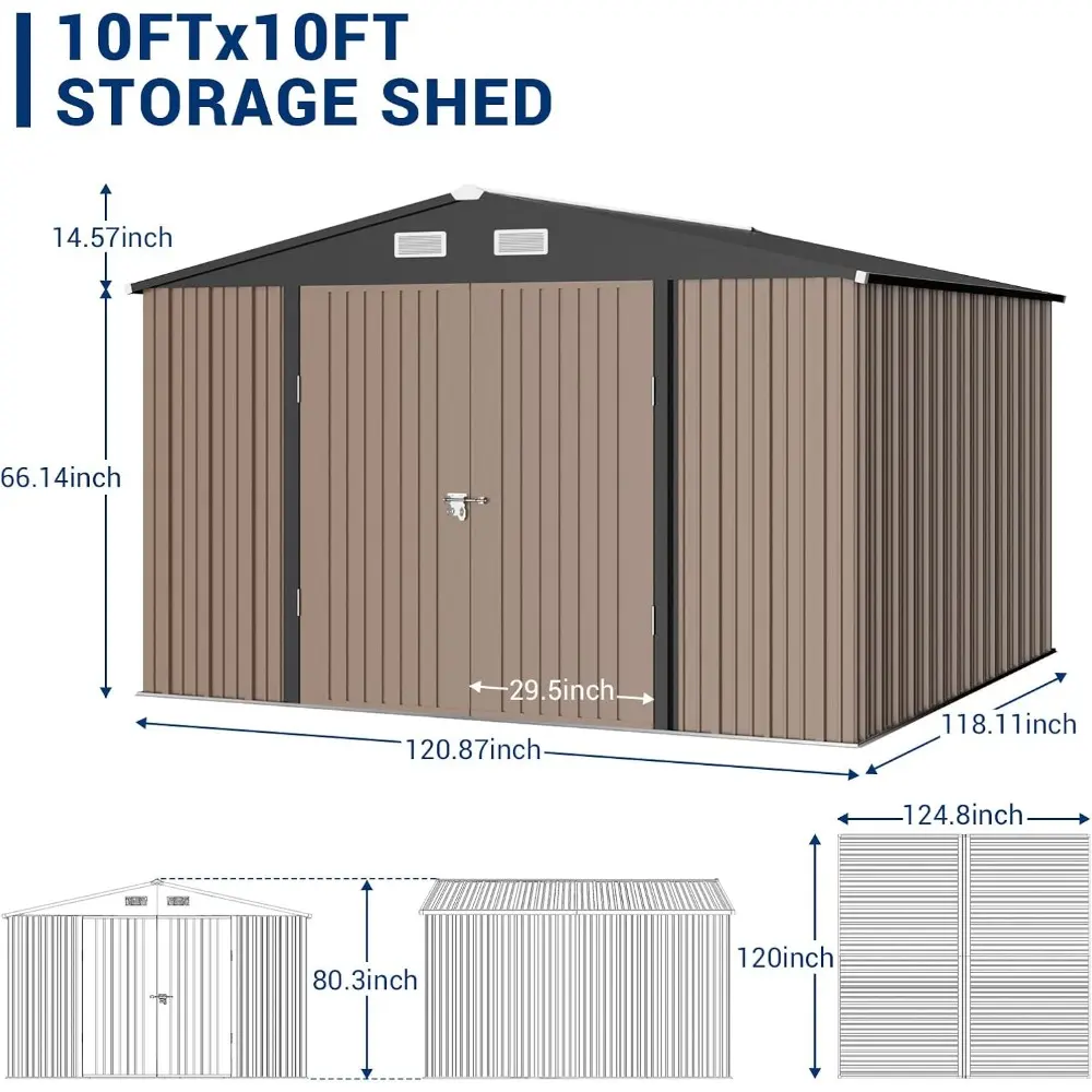 Outdoor Storage Shed 10x10 FT, Outside Sheds & Outdoor Storage Metal Galvanized Steel for Backyard, Patio, Lawn, Tool Shed with