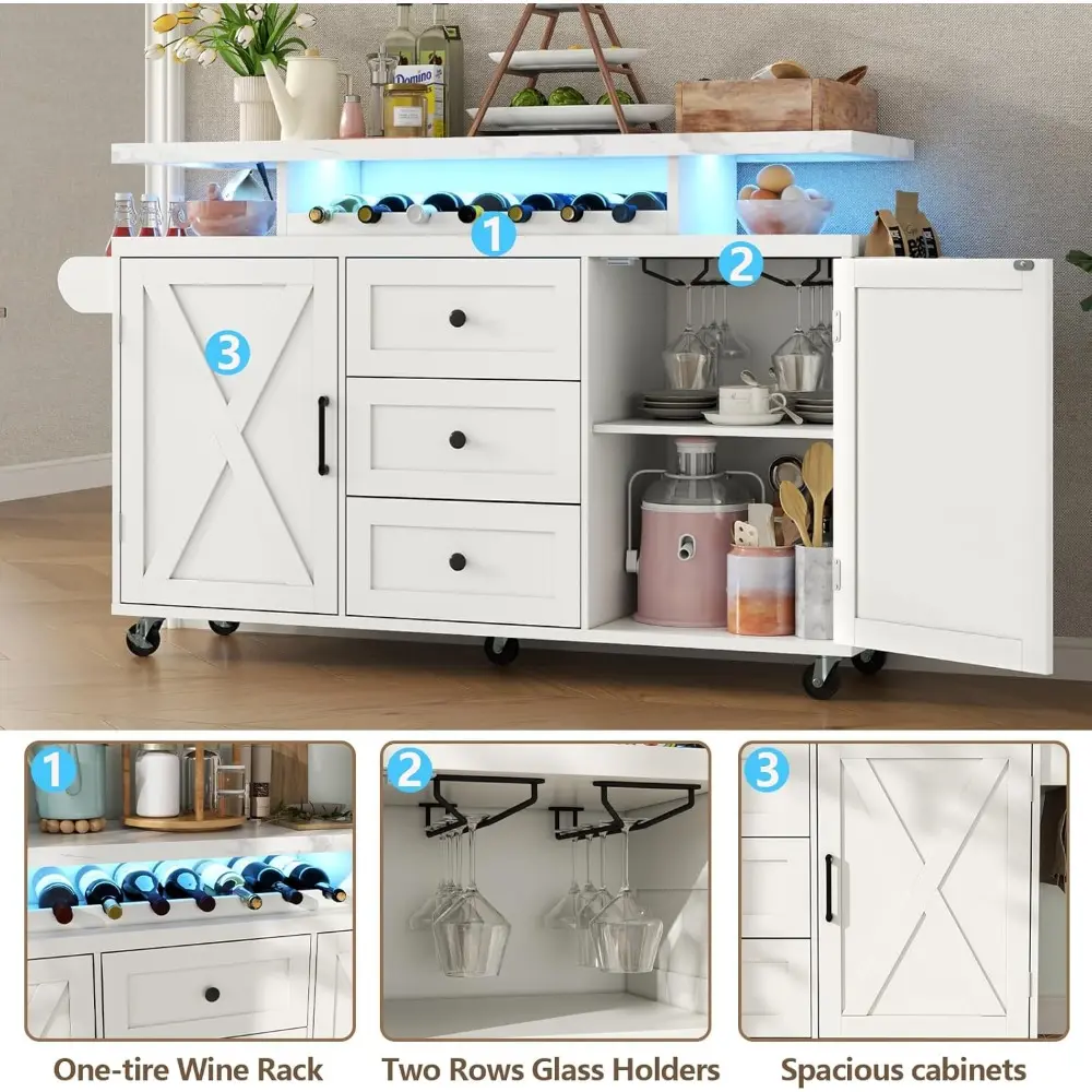 Kitchen Island with Storage, 55" Kitchen Island on Wheels with LED Lights & 3 Drawers,Rolling Kitchen Cart with Spice Rack & Tow