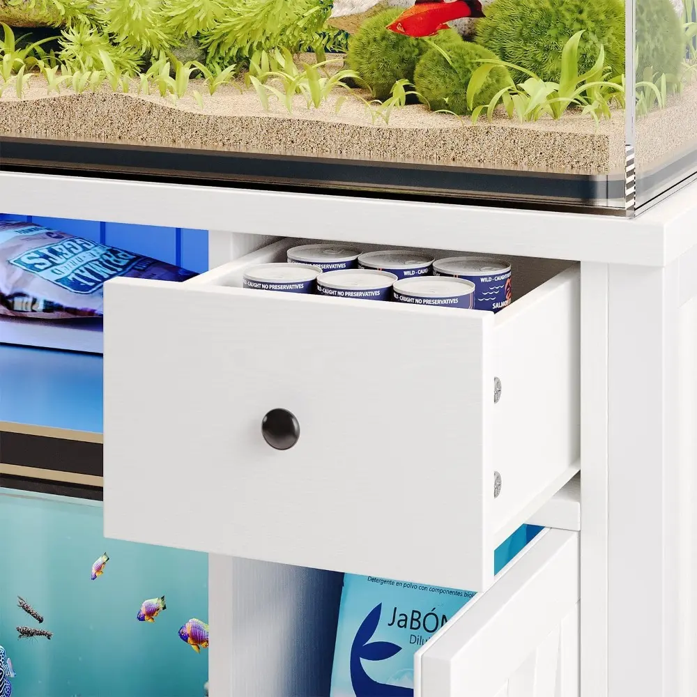75 Gallon Fish Tank Stand with Power Outlets & LED Light, Farmhouse Fish Tank Stand with 2 Drawers and 2 Barn Door, 55-75 Gallo