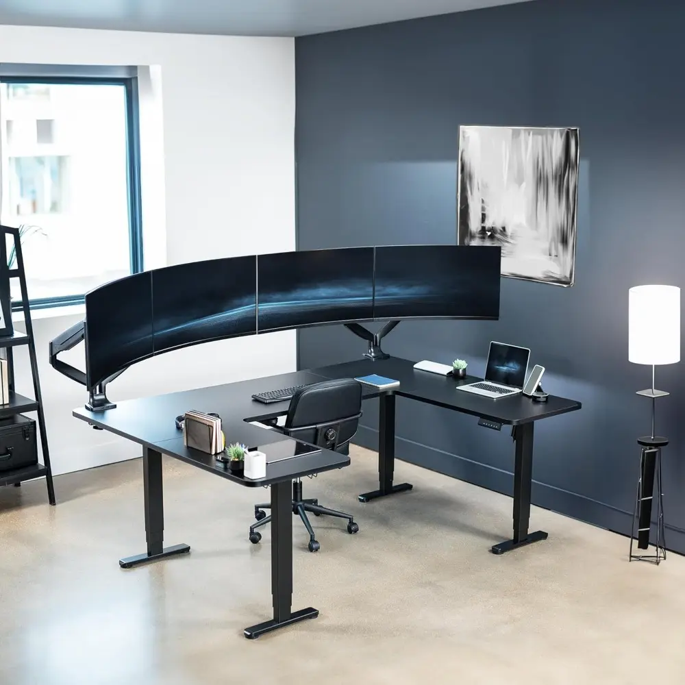 Large U-Shaped 83 x 60 in Electric Standing Desk, Memory Height Adjustment, Black Top Black Frame, DESK-E4UBB