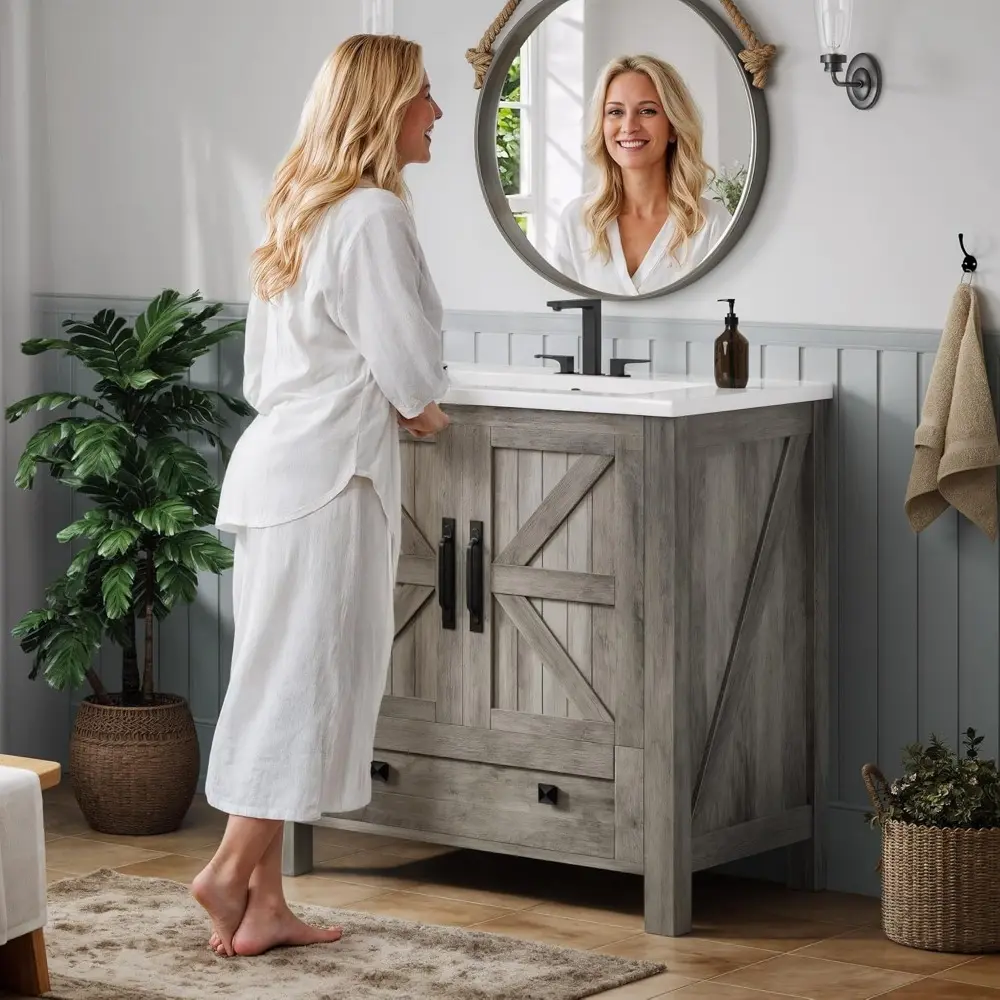 30" Farmhouse Bathroom Vanity with Sink Combo, Small Space Bathroom Storage Cabinet with Large Drawer, 2 Soft-Closing Wood Barn