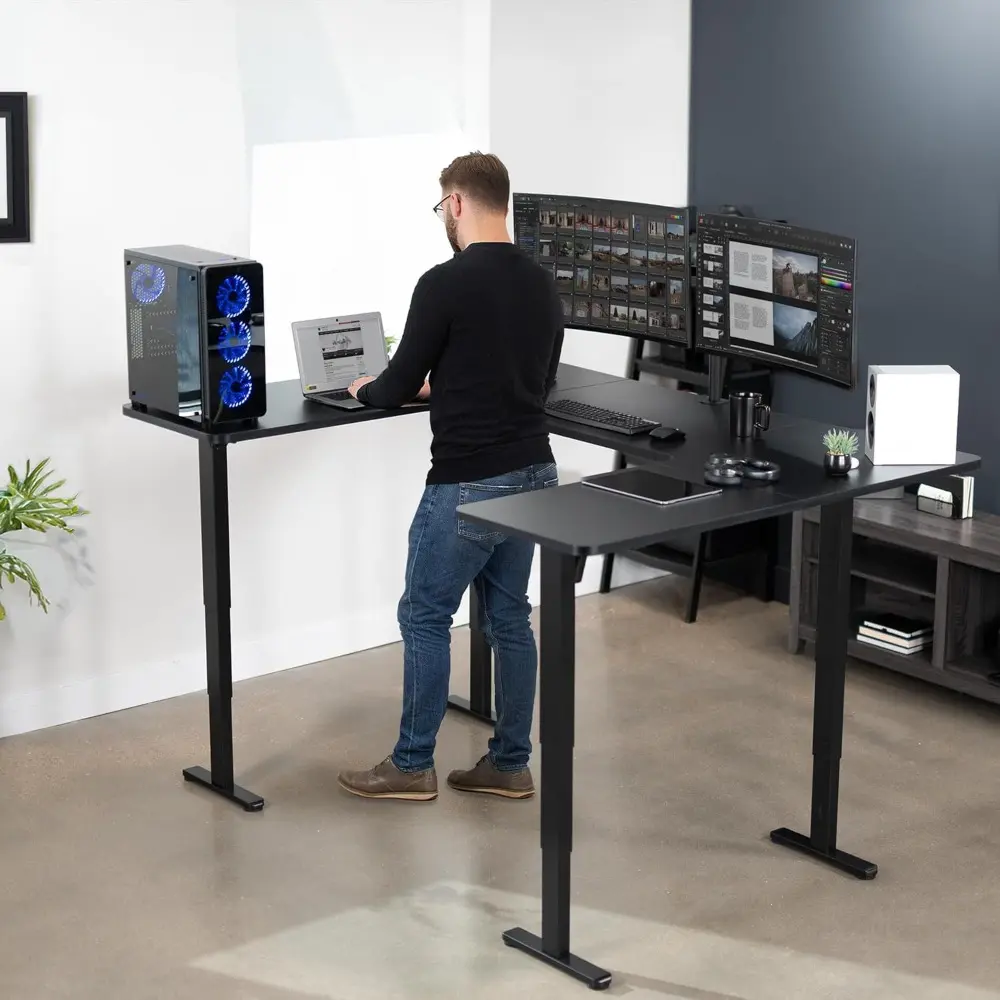 Large U-Shaped 83 x 60 in Electric Standing Desk, Memory Height Adjustment, Black Top Black Frame, DESK-E4UBB