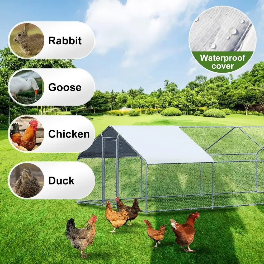 Chicken Coop Large Metal Chicken House Pen Outdoor for 40 Chickens Poultry Cage with Waterproof Cover for Rabbits Duck Walk-in C
