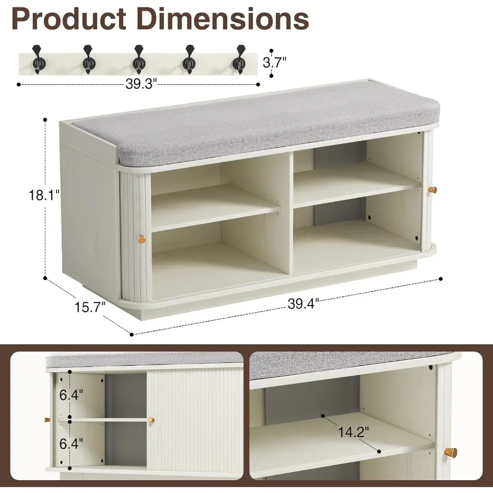 2 Tier Shoe Bench, Entryway Bench with Shoe Storage, 1 Upholstered Cushion, 5 Metal Wall Hooks, 2 Sliding Doors, 2 Removable She
