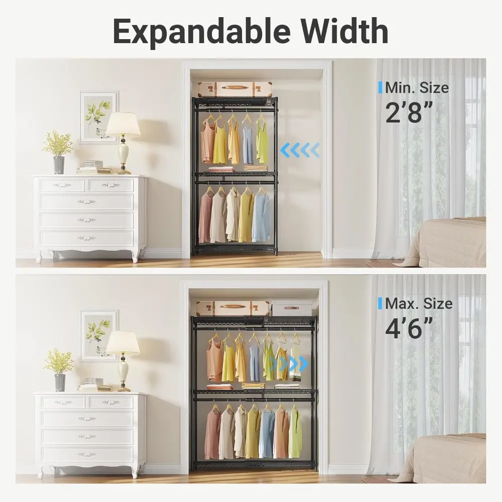 X1 Plus Expandable Reach-in Closet Adjustable from 2'8" to 4'6" with Adjustable Shelves and Hanger Rods Clothes Rack Heavy Duty
