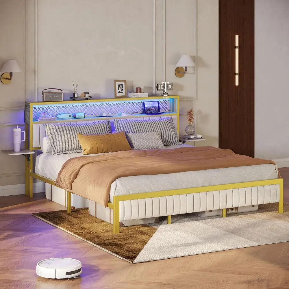 Bestier Queen Bed Frame with Vertical Channel Tufted Headboard and Charging Station, Folding Bedside Shelves Storage, LED Metal