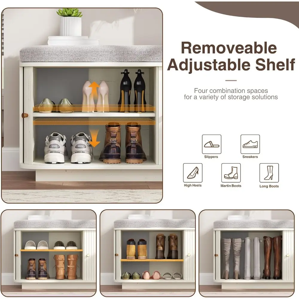 2 Tier Shoe Bench, Entryway Bench with Shoe Storage, 1 Upholstered Cushion, 5 Metal Wall Hooks, 2 Sliding Doors, 2 Removable She