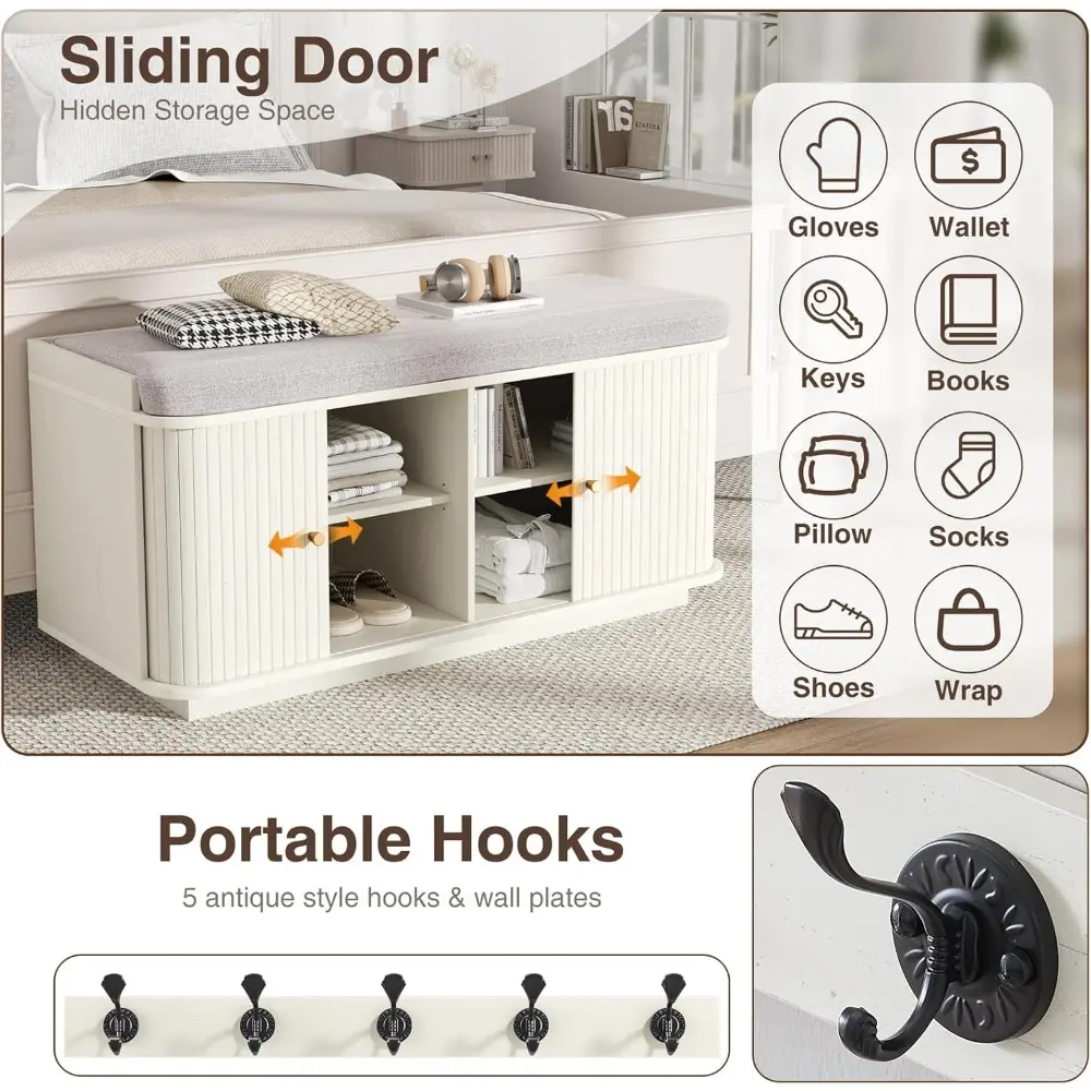 2 Tier Shoe Bench, Entryway Bench with Shoe Storage, 1 Upholstered Cushion, 5 Metal Wall Hooks, 2 Sliding Doors, 2 Removable She