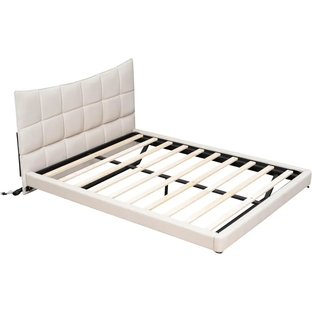 Full Size Upholstered Platform Bed with LED Lights,USB Ports and Outlets,Linen Fabric,Beige